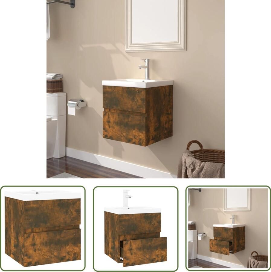 VidaXL Badkamerspiegel Wastafelkast met ingebouwde wasbak bewerkt hout gerookt eiken Bruine Wastafel Houten Wastafelkast Badkamermeubilair