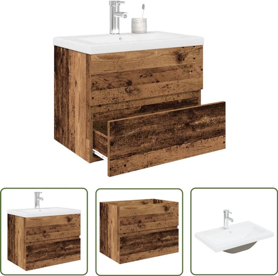 VidaXL Badkamerspiegel Wastafelkast met ingebouwde wasbak en kraan oud houtkleurig Badkamermeubilair Badkameraccessoires Wastafel