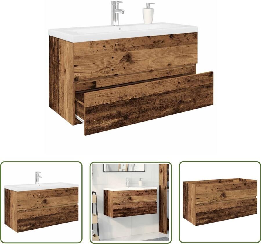 VidaXL Badkamerspiegel Wastafelkast met ingebouwde wasbak en kraan oud houtkleurig Badkamermeubilair Wasbasin Wastafel