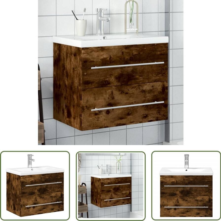 VidaXL Badkamerspiegel Wastafelkast met ingebouwde wasbak gerookt eikenkleurig Bruine Kast Houten Kast Badkamermeubilair