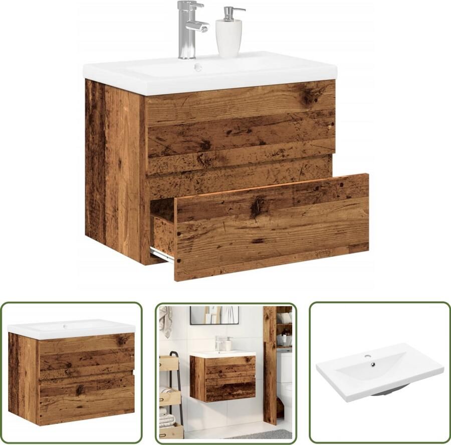 VidaXL Badkamerspiegel Wastafelkast met ingebouwde wasbak oud houtkleurig Badkamermeubilair Badkameraccessoires Houten Wastafelkast