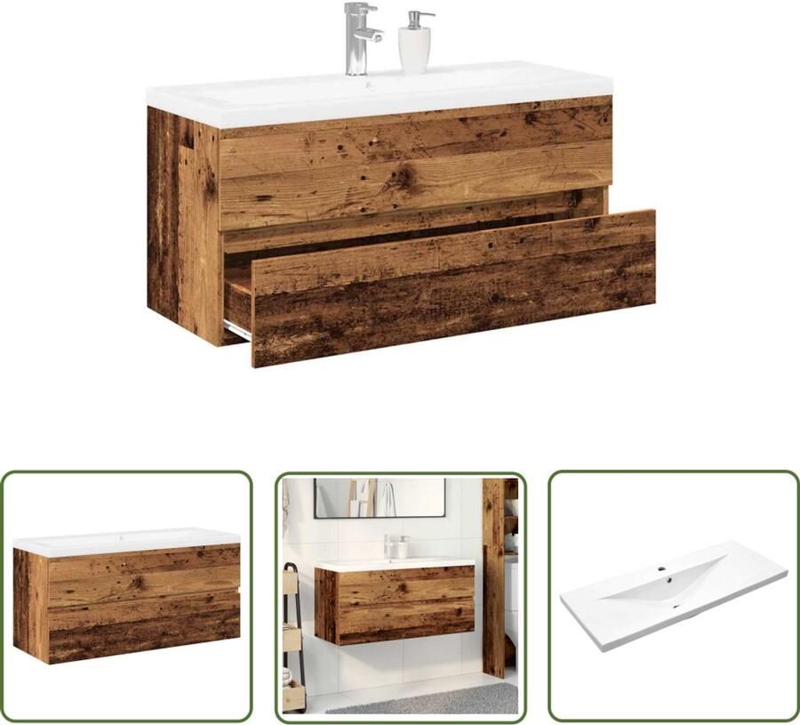 VidaXL Badkamerspiegel Wastafelkast met ingebouwde wasbak oud houtkleurig Badkamermeubilair Badkameraccessoires Houten Kast