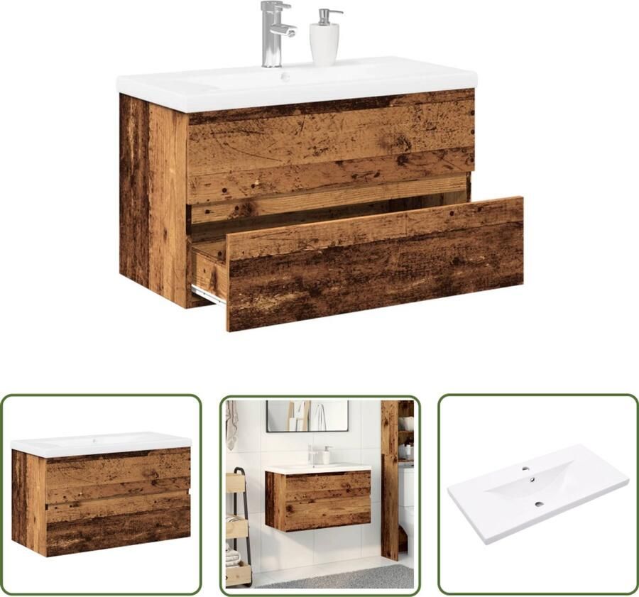VidaXL Badkamerspiegel Wastafelkast met ingebouwde wasbak oud houtkleurig Badkamermeubilair Houten Kast Vintage Badkamer