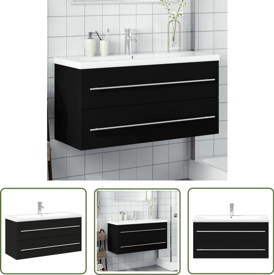 VidaXL Badkamerspiegel Wastafelkast met ingebouwde wasbak zwart Zwarte Wastafel Houten Wastafelkast Modern Design