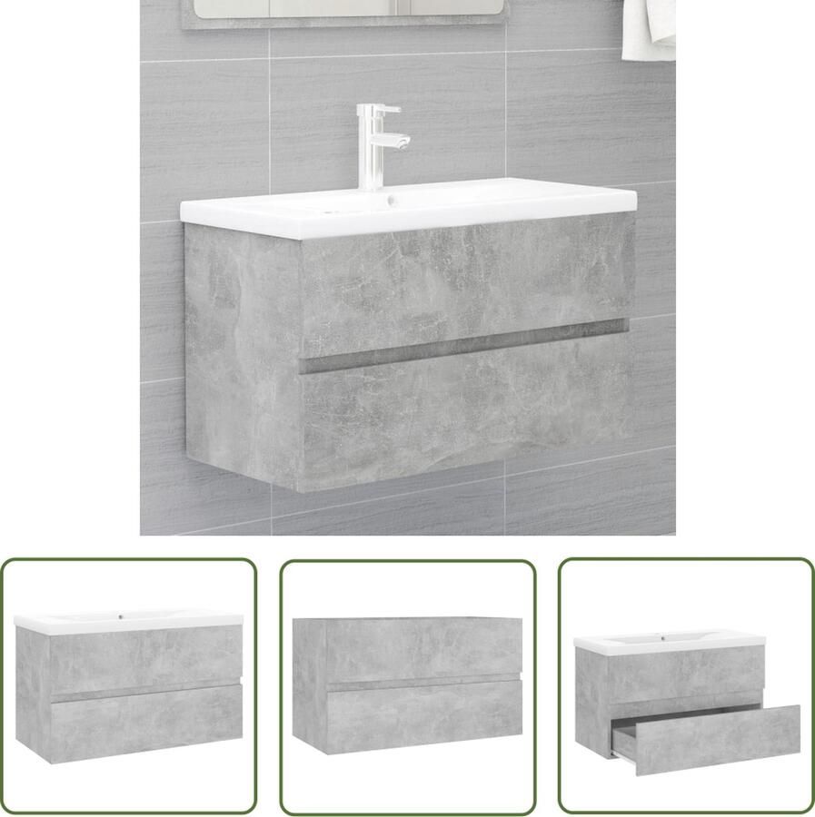 VidaXL Badkamerspiegel Wastafelkast met ingebouwde wastafel bewerkt hout betongrijs Betonlook Houten Wastafelkast Grijze Wastafel