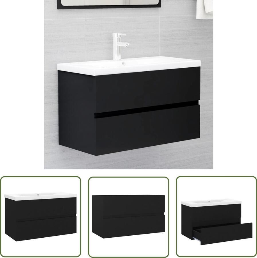 VidaXL Badkamerspiegel Wastafelkast met ingebouwde wastafel bewerkt hout zwart Zwarte Wastafel Houten Wastafelkast Badkamermeubilair