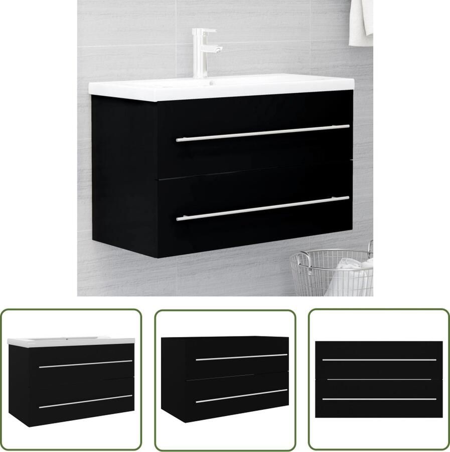 VidaXL Badkamerspiegel Wastafelkast met ingebouwde wastafel spaanplaat zwart Badkamermeubilair Zwarte Wastafel Houten Wastafelkast