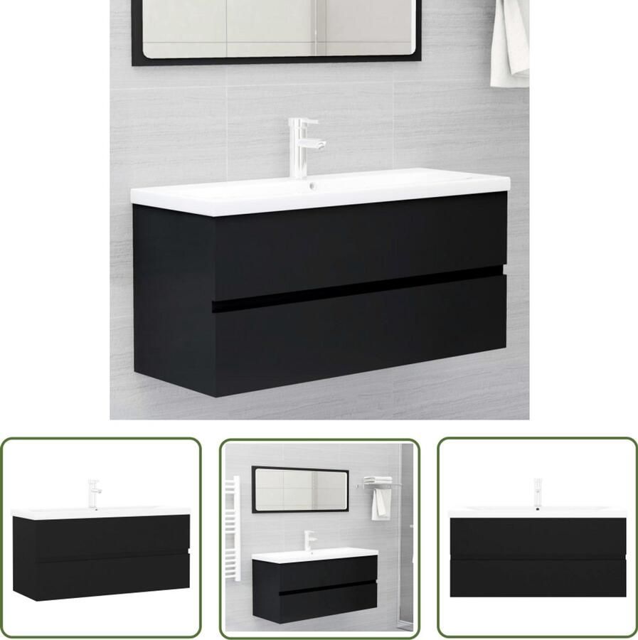 VidaXL Badkamerspiegel Wastafelkast met ingebouwde wastafel spaanplaat zwart Badkamermeubilair Zwarte Wastafel Houten Wastafelkast - Foto 2
