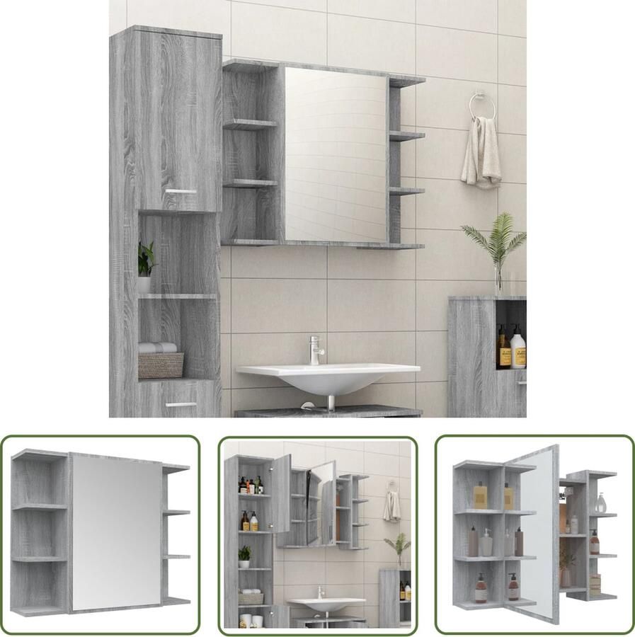 VidaXL Badkamerspiegeld Badkamermeubel Badkamerspiegelkast 80x20 5x64 cm bewerkt hout grijs sonoma Grijze Badkamer Houten Badkamerkast Badkameropbergruimte