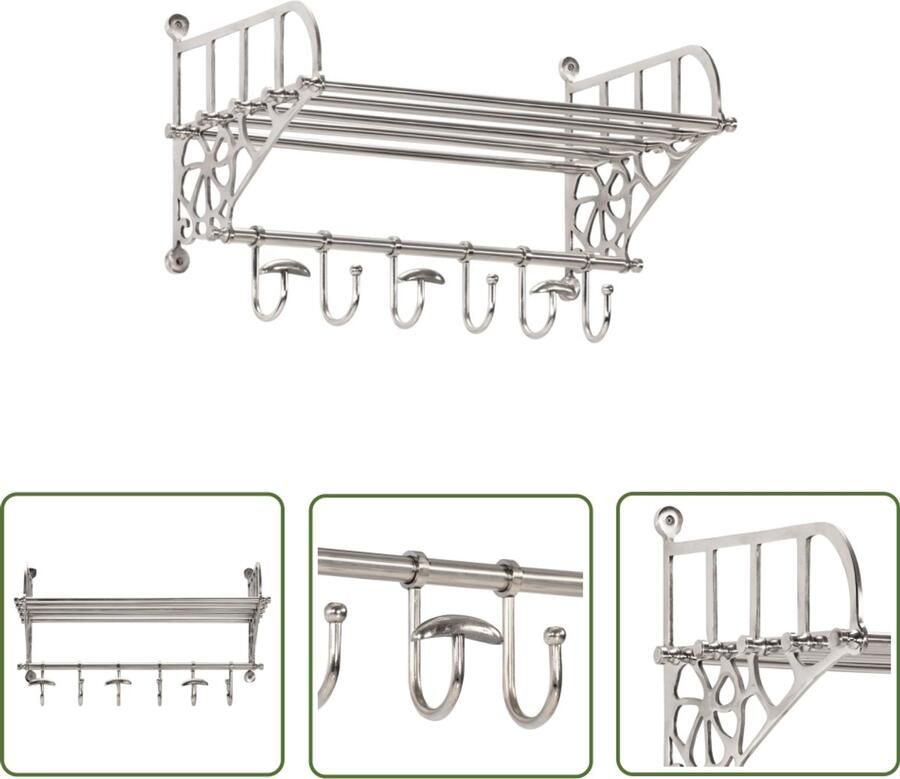 VidaXL Bagagerek met kleerhangers Zilver Wandmontage Aluminium Bagagerek Wandmontage Bagagekast Opbergplank Ruime Bagagerak Vintage Bagagerek