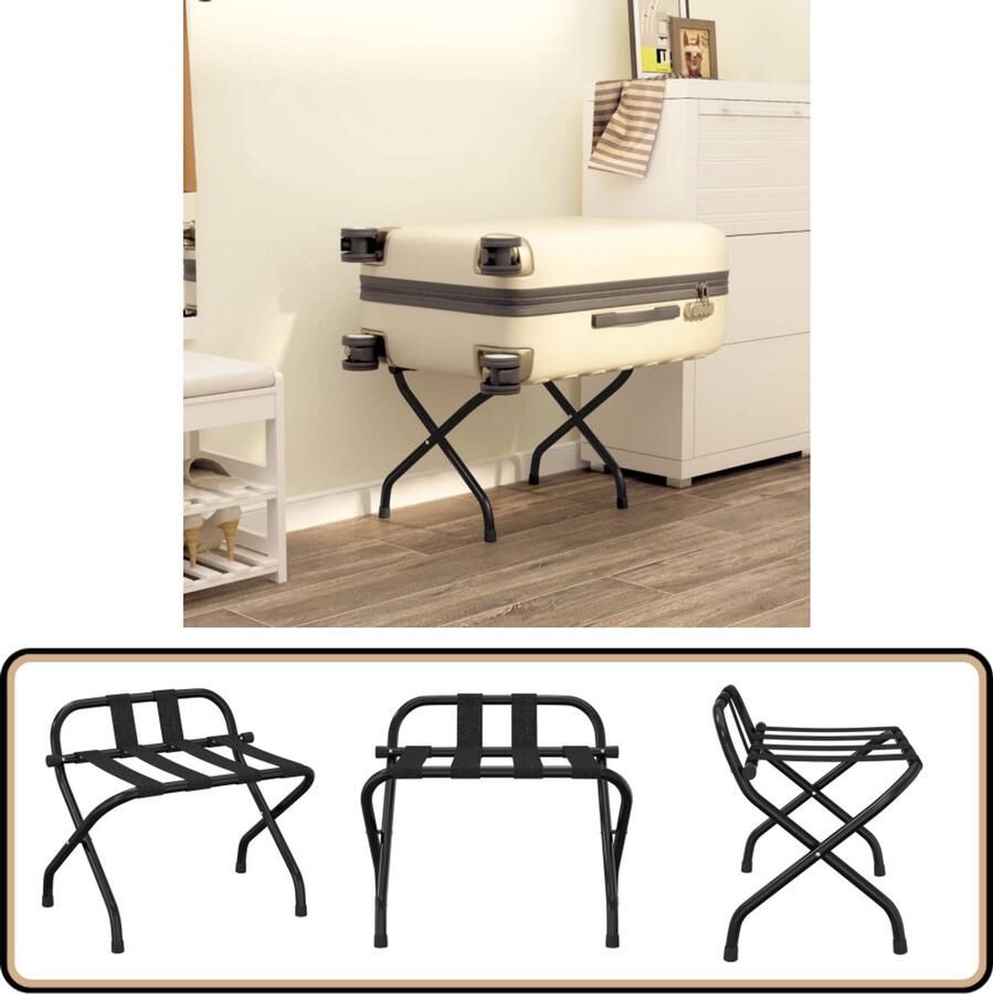 VidaXL Bagagerek Rugleuning 56x39x52 cm Zwart Bagagerak Hotel Bagagerek Inklapbaar Bagagerek Bagagedrager Reis Accessoires Zwarte Bagagerek Bagagerekken Met Rugleuning Nylon Bagagerek