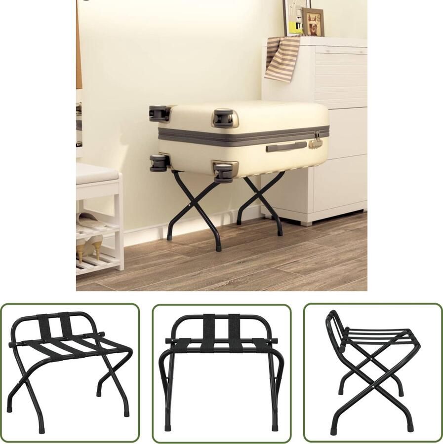 The Living Store Bagagerek Inklapbaar 56 x 39 x 52 cm Met rugleuning Zwart Bagagerak Bagagerekken Hotel Bagagerek Reis Accessoires Kofferstandaard