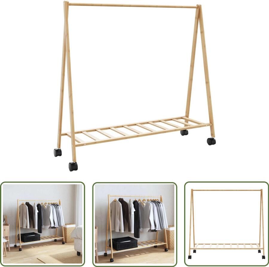 The Living Store Kledingrek met schappen en wielen 106x34x106 5 cm bamboe Kledingrek Bamboekast Opbergkast Garderobe Kledingopstelling