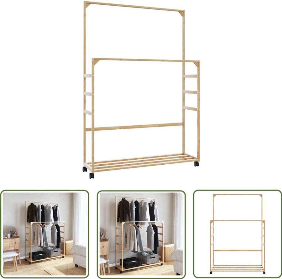 The Living Store Kledingrek met schappen en wielen 90x35x155 cm bamboe Kledingrek Bamboekleiderhanger Kledingopbergkast Dressoir Kast Met Laden