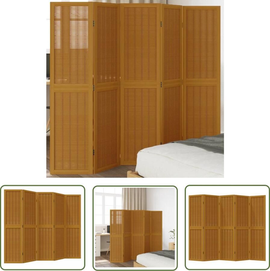 The Living Store Bamboe Kamerscherm 175-180 x 160 cm massief paulowniahout 5 panelen Kamerscherm Bamboescherm Scheidingswand Paulownia Hout Houten Scherm