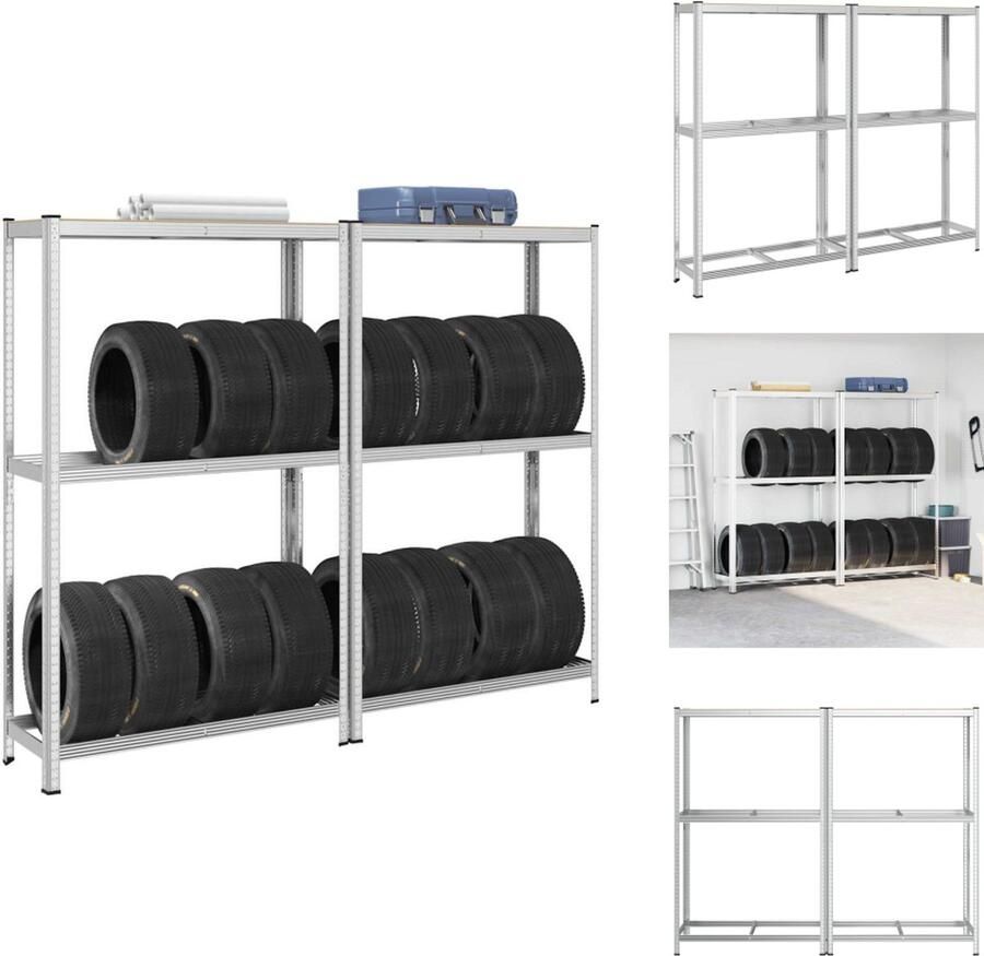 VidaXL Bandenplank Bandenplanken Garagerekken Plank 2-laags bandenrekken 2st 110x40x180cm staal&bewerkt hout zilver