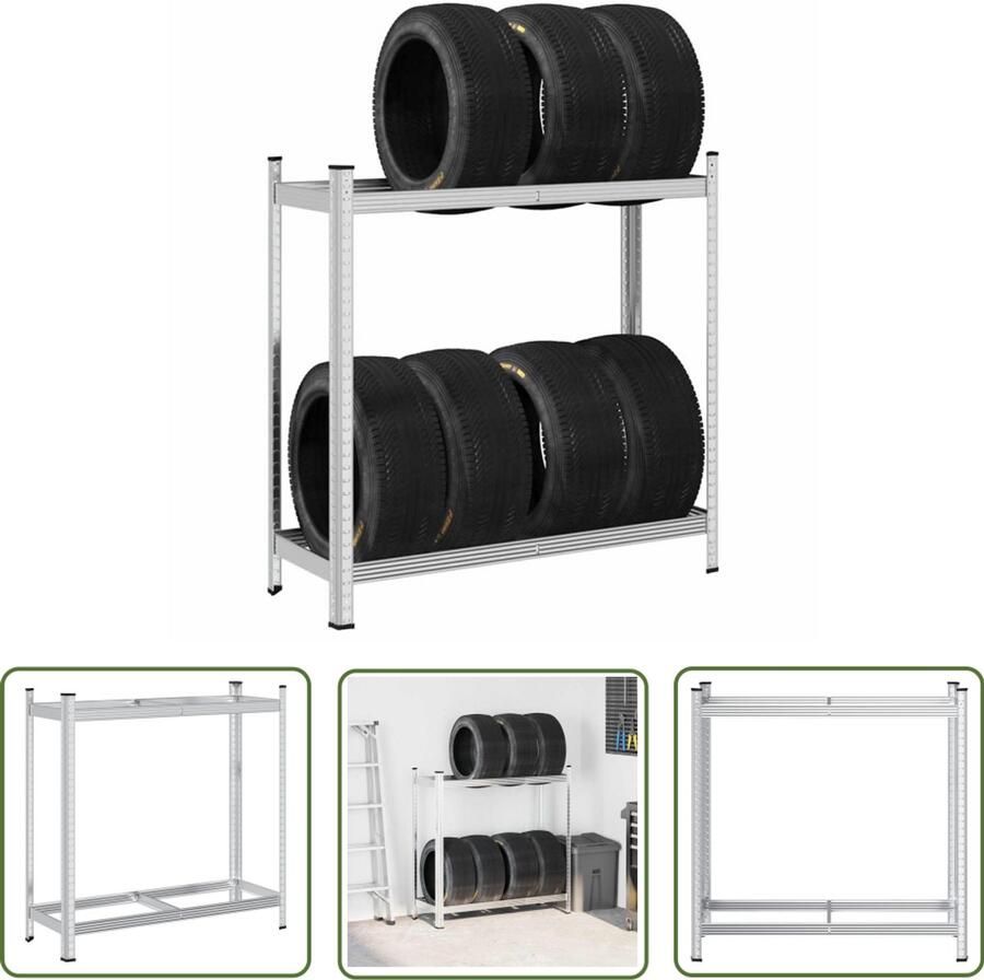 VidaXL Bandenrek 2-laags 110x40x109 cm Zilver Bandenrek Bandenopslag Garage Organisatie Industriele Opslag Metalen Rek