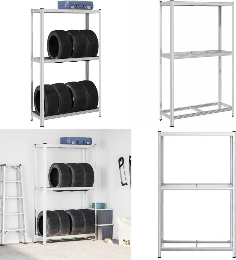 VidaXL Bandenrek 2-laags 110x40x180 cm staal&bewerkt hout zilverkleur Bandenplank Bandenplanken Garagerekken Plank