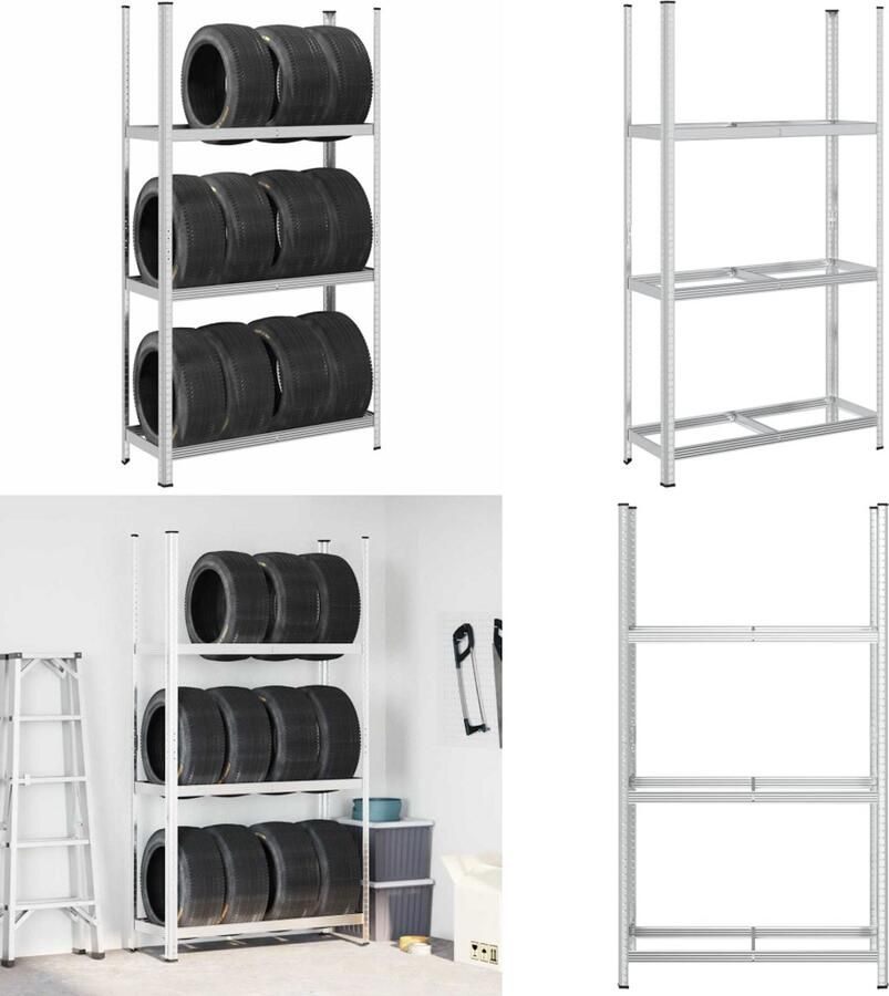 VidaXL Bandenrek 3-laags 110x40x200 cm staal zilverkleurig Bandenplank Bandenplanken Garagerekken Plank