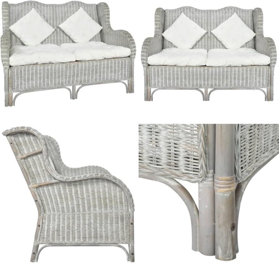 VidaXL Bank 2-zits natuurlijk rattan en linnen grijs 2-zitsbank 2-zitsbanken Tweezitsbank Tweezitsbanken