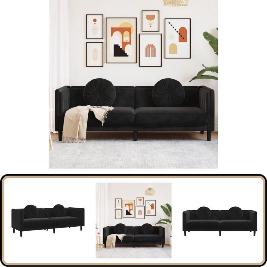 VidaXL Bank 3-zits Fluweel Zwart Inclusief Kussens 3 Zits Bank Zwarte Bank Fluweel Bank Comfortabele Bank Lounge Bank