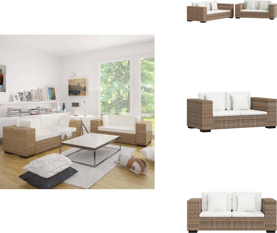 VidaXL Rattan Bankstelset 3-zits 2-zits bank Natuurlijk rattan Crèmewit linnen kussen Bank