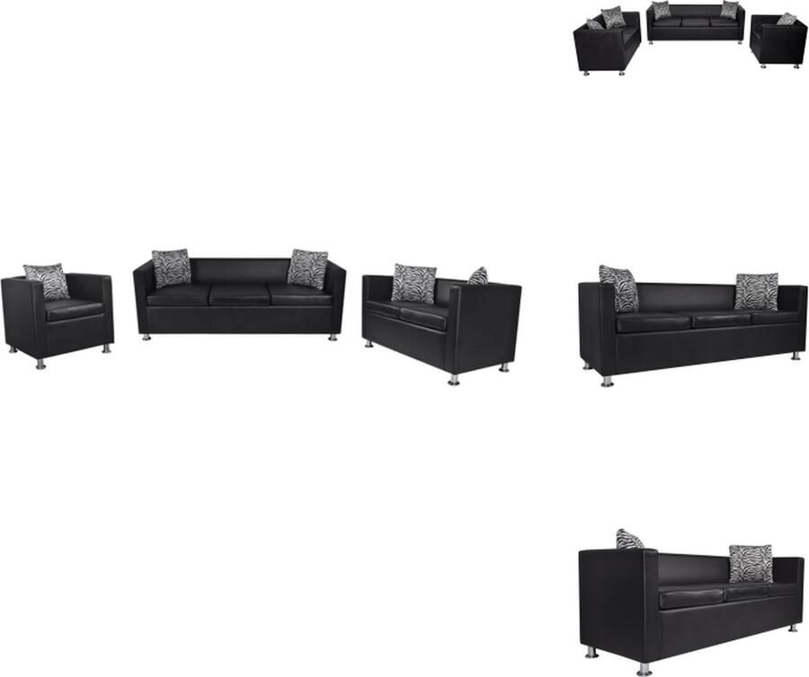 VidaXL Bankstel Kubus Zwart Houten Frame Kunstleren Bekleding 170 x 62.5 x 63 cm Inclusief Kussens Bank - Foto 2