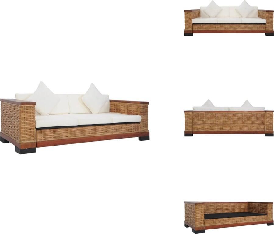 VidaXL Rattan Driezitsbank Bruin 191 x 78 x 66 cm Natuurlijk rattan Verwijderbare kussenhoezen Bank