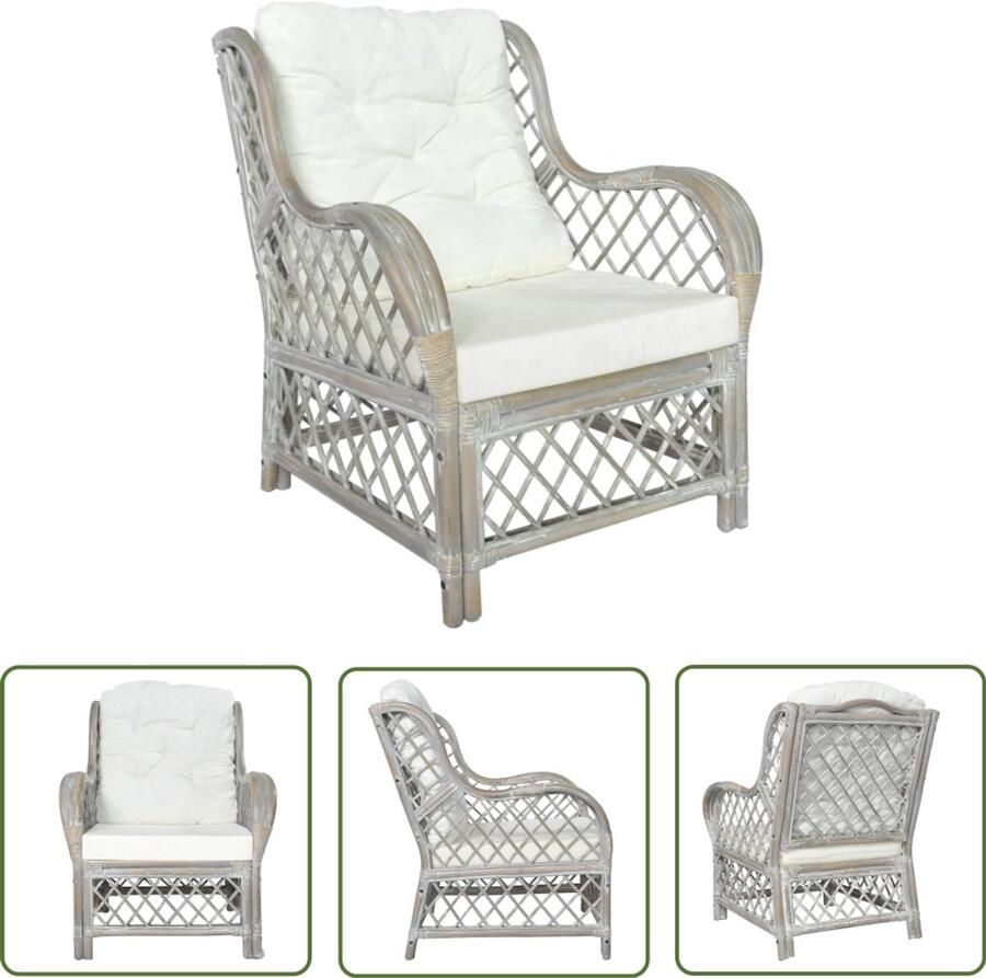VidaXL Bank met kussen Natuurlijk rattan en linnen Grijs Rattanstoel Lounge Stoel Tuinstoelen Buiten Meubilair Relaxfauteuil Loungestoel
