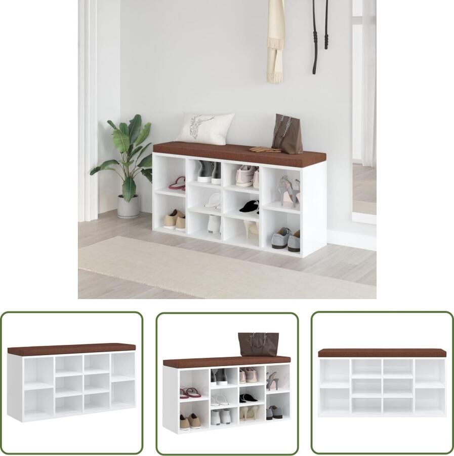 The Living Store Schoenenbank Hoogglans wit 103 x 30 x 48 cm (B x D x H) Schoenenbank Bank Schoenuitlegger Bergruimte Opslagmeubel - Foto 2