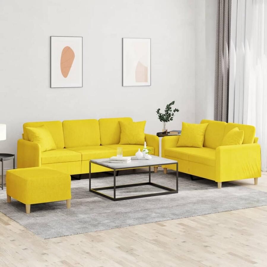 The Living Store 3-delige Loungeset met kussens stof lichtgeel Loungeset Banken Tuinset Buiten Meubilair Geel Sofa