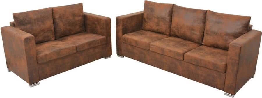 VidaXL Bankenset 2-delig Kunstsuède Bruin Vintage Bankstel Bruine Bank Leder Look Bank Tweezitter Driezitter Lounge Bank Woonkamer Meubilair Comfortabele Bank - Foto 2