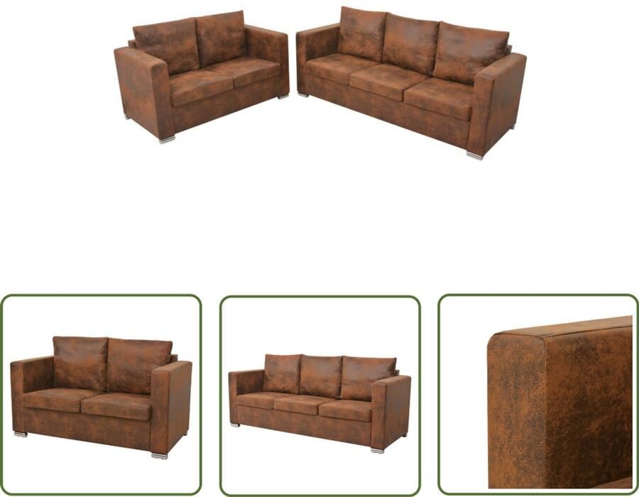 VidaXL Bankenset 2-delig Kunstsuède Bruin Vintage Bankstel Bruine Bank Leder Look Bank Tweezitter Driezitter Lounge Bank Woonkamer Meubilair Comfortabele Bank