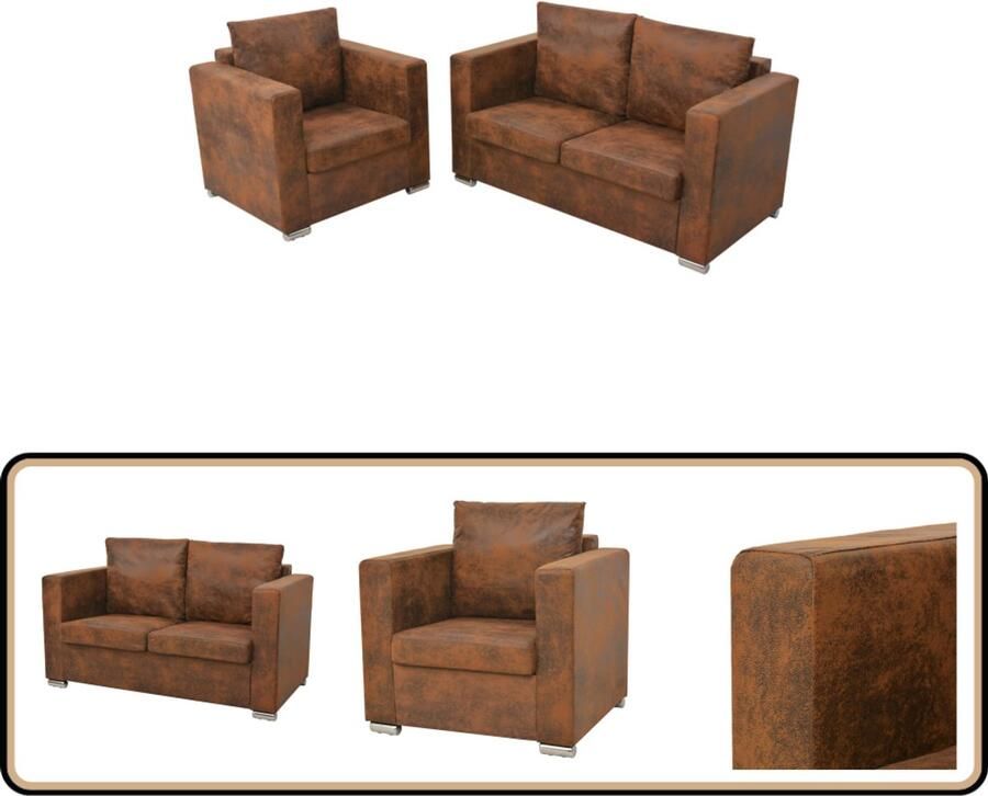 VidaXL Bankenset Kunstsuède 2-delig Bruin Fauteuil Bankstel Vintage Meubilair Bruine Bank Leder Look