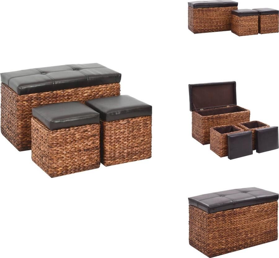VidaXL Bankje Bankjes Hocker Hockers Bankje met 2 poefs zeegras bruin en zwart