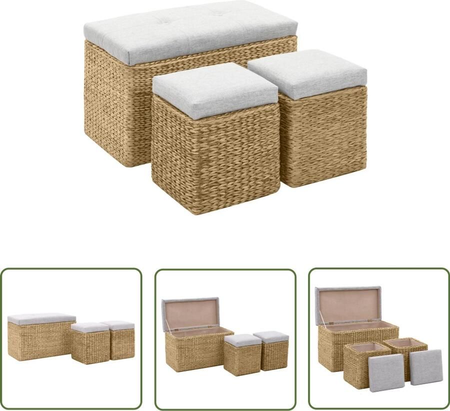 VidaXL Bankje met 2 poefs Zeegras Grijs Bankje Zeegras Landelijke Stijl Grijs Lounge Woonkamerdecoratie Opslagruimte Comfortabel Modern Classic Buitenkamer Terras Decoratie