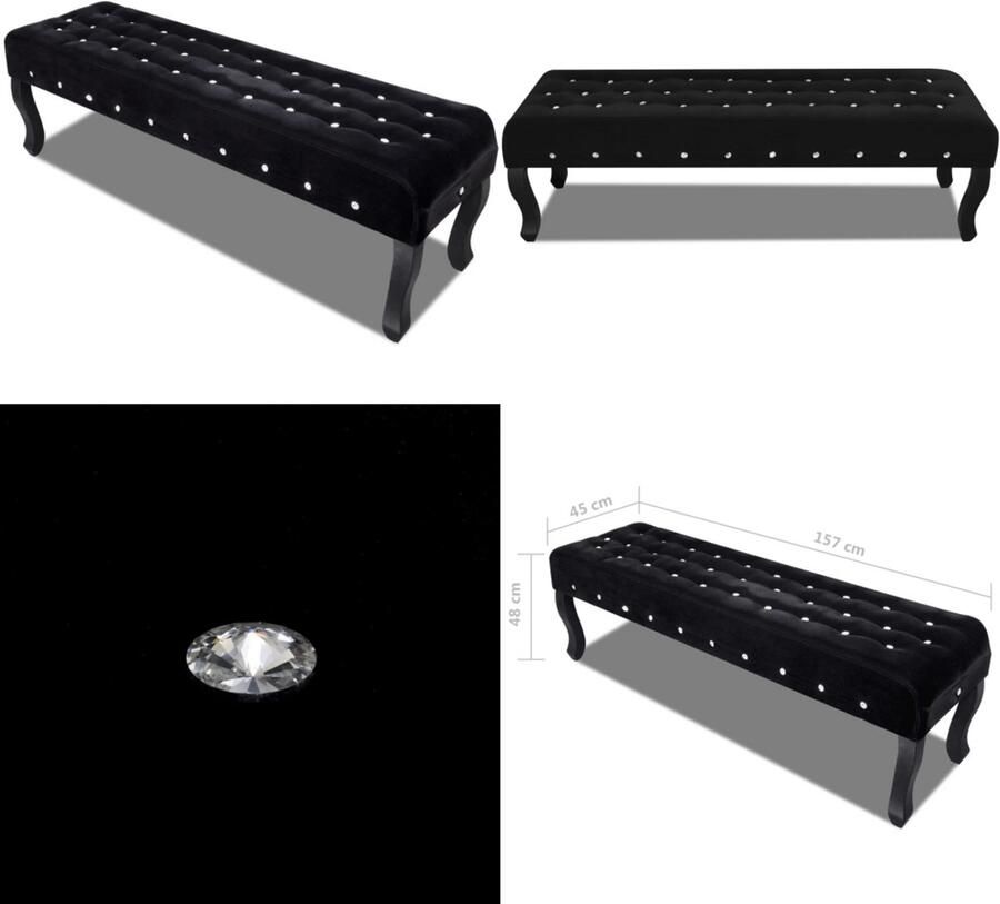 VidaXL Bankje met kristallen knopen fluweel stof zwart Bank Banken Bankje Bankjes