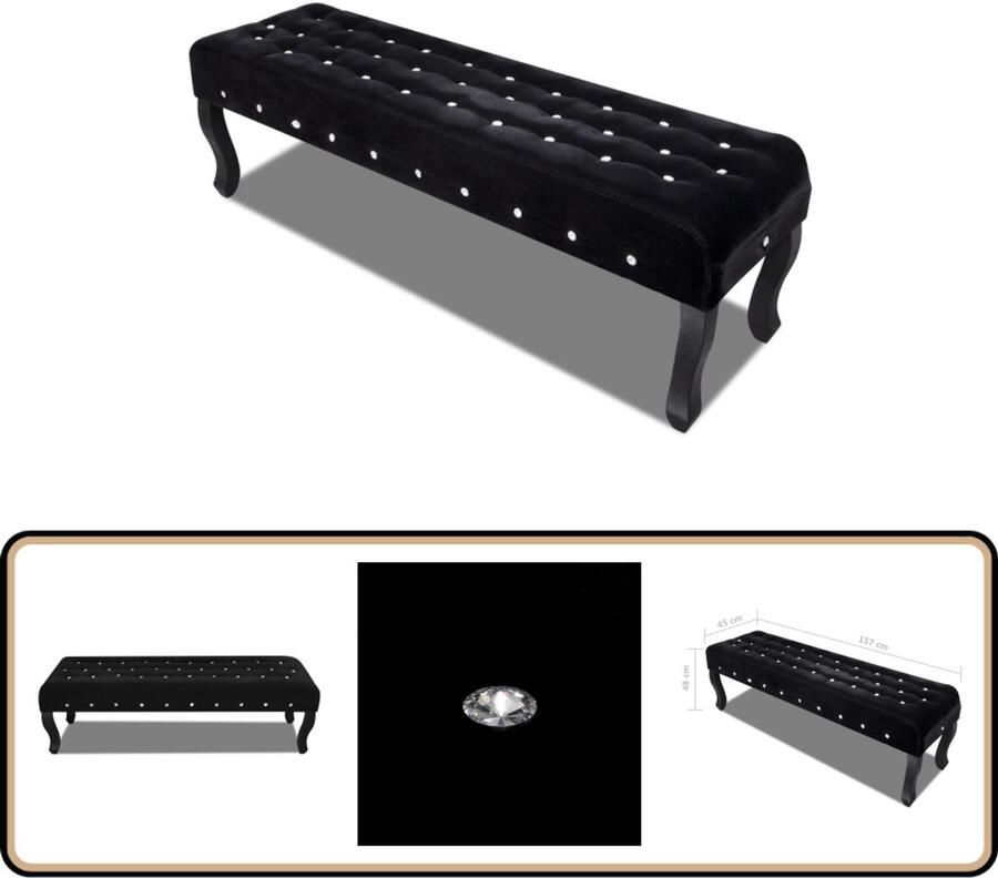 VidaXL Stijlvol zwart fluwelen bankje met kristallen knopen Zitbank Bankje Velvet Bank Zwarte Bank Luxe Bank Kristal Buttons Woonaccessoires - Foto 2