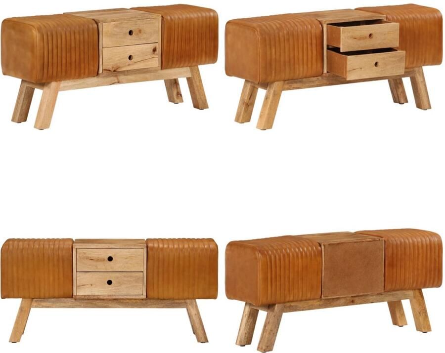 VidaXL Bankje turnbok 107 cm echt geitenleer massief mangohout bruin Bankje Bankjes Bank Zitbank