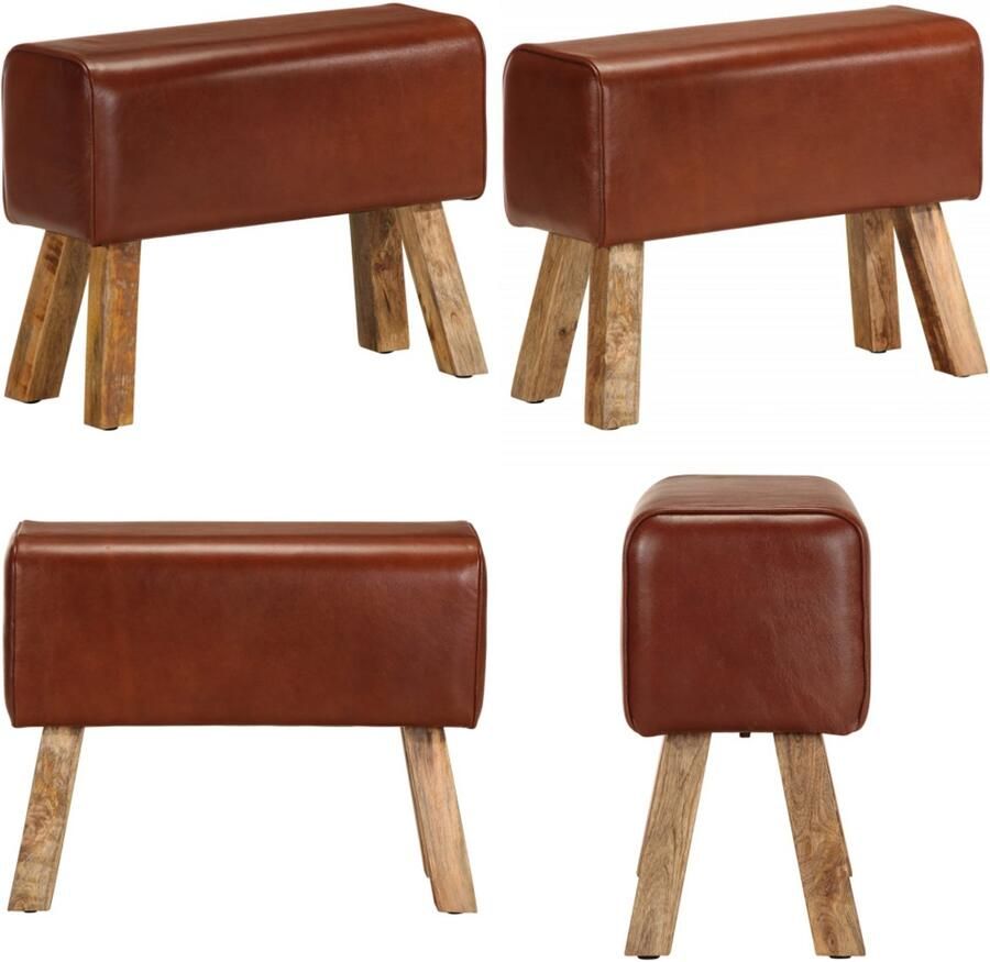 The Living Store Bokbank Vintage 58 x 25 x 43 cm Echt Leer Massief Mangohout Bruin Lichthout Vintage Bank Lederen Bank Boksen Bank Salontafel Bruine Bank - Foto 2