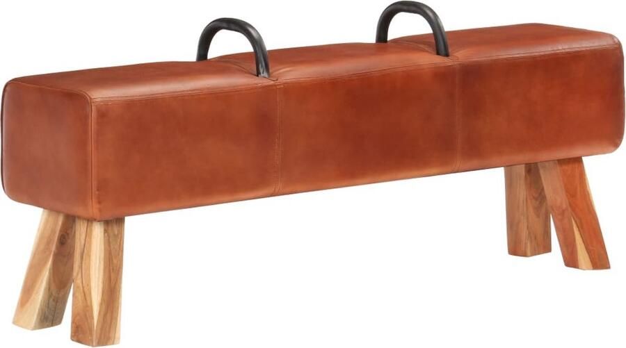 VidaXL Bankje Turnbok Acaciahout Echt Geitenleer Vintage Meubels Lederen Bankje Gymnastic Bench Bruine Bank Salontafel Huiskamer Decoratie Stoere Bank Design Bank Boksen Bank Retro Bank - Foto 2