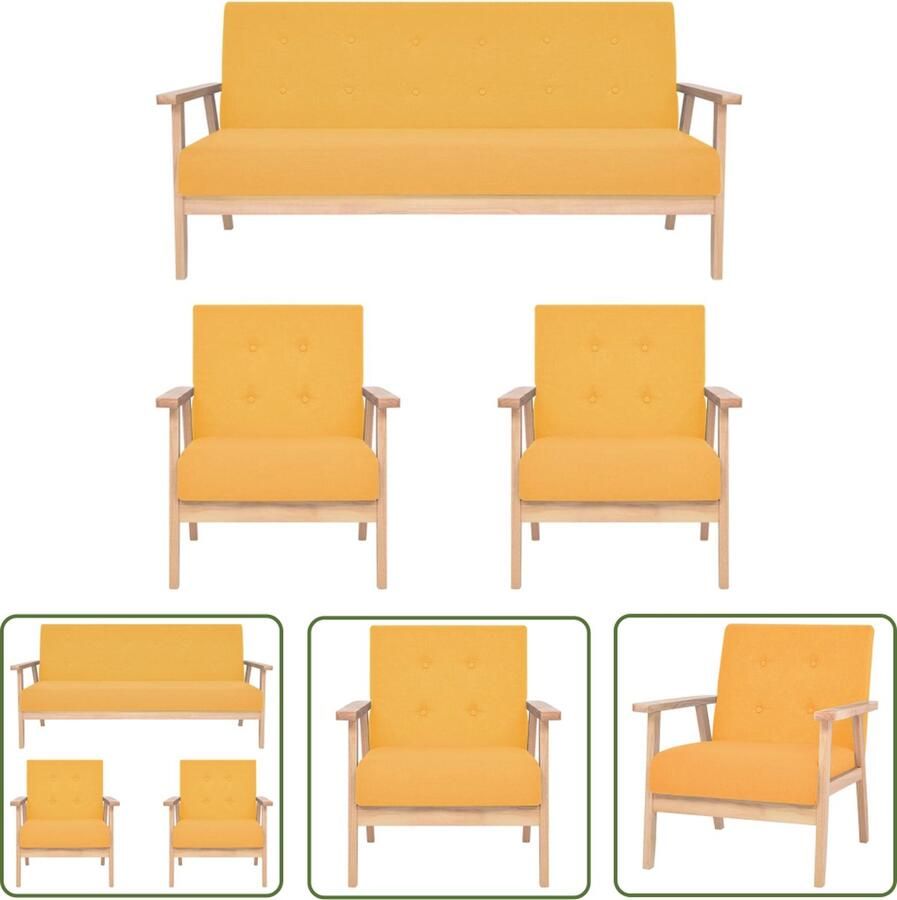 The Living Store Loungebank Geel Polyester Houten frame Set van 2 fauteuils en 1 bank Afmetingen fauteuil- 64.5 x 67 x 73.5 cm Afmetingen bank- 158 x 67 x 73.5 cm Zithoogte- 37 cm Armleuninghoogte- 51 cm - Foto 2