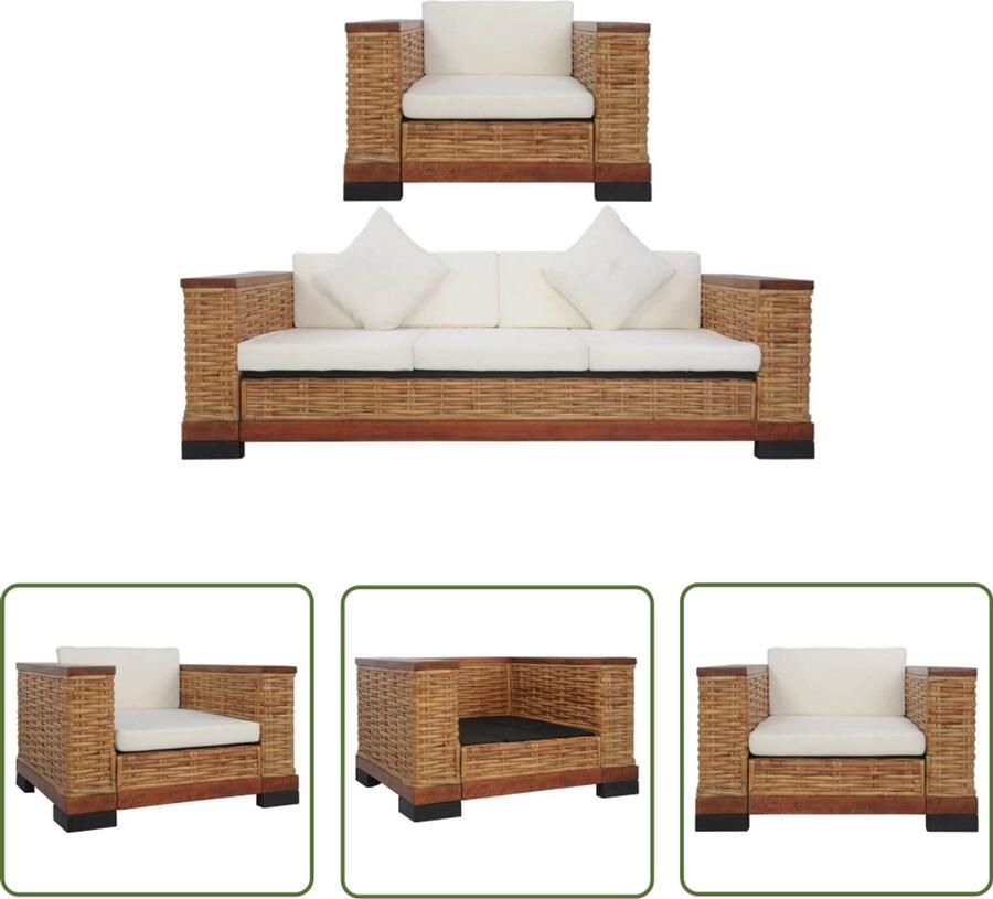 VidaXL Bankstel 2-delig Natuurlijk Rattan Bruin Rattan Bank Bankstel Lounge Set Buiten Meubilair Tuinbank Bruine Bank Beige Bank - Foto 2