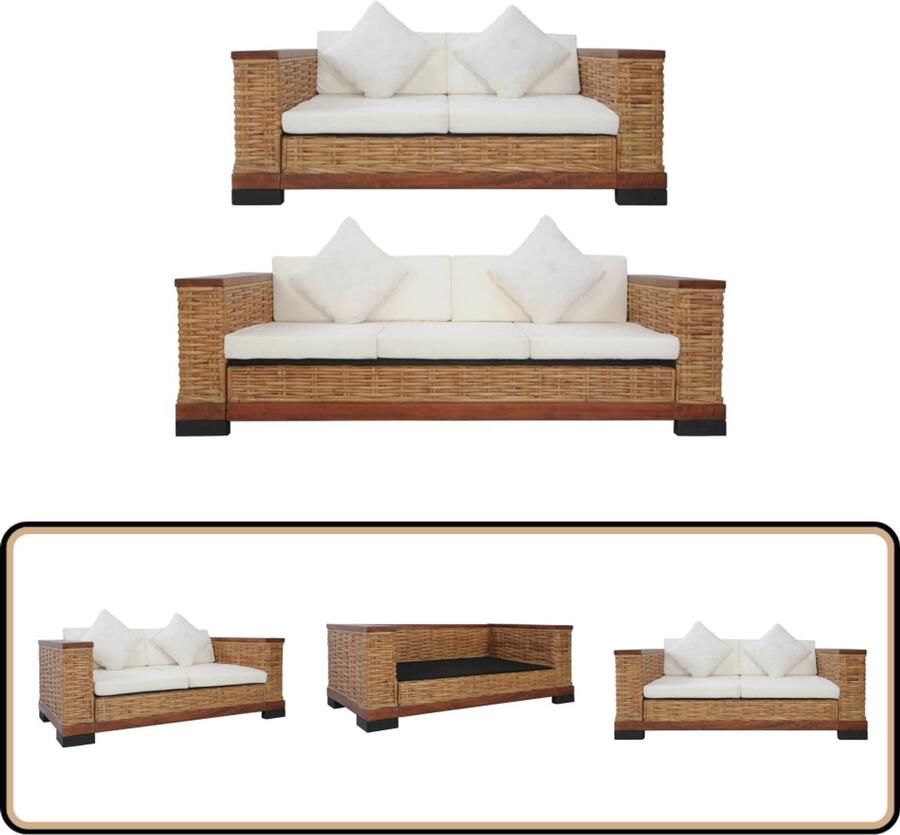 VidaXL Bankstel 2-delig Natuurlijk Rattan Bruin Rattan Bank Bankstel Lounge Set Buiten Meubilair Tuinbank Bruine Bank Beige Bank