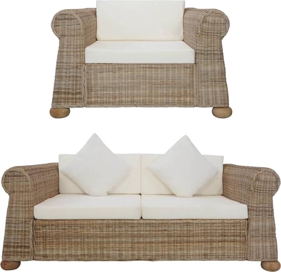 VidaXL Bankstel 2-delig Rattan met Kussens Rattan Bank Lounge Bank Buitenbank Tuinbank Relaxfauteuil Fauteuils Loungeset Balkon Meubilair Veranda Meubilair - Foto 2