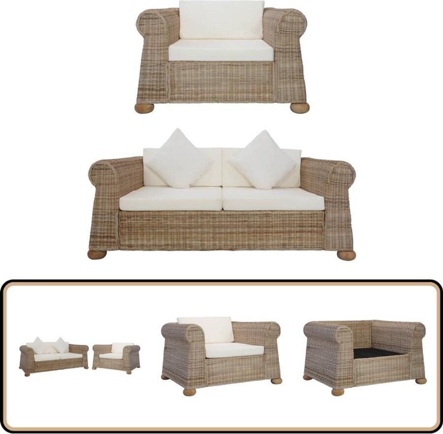 VidaXL Bankstel 2-delig Rattan met Kussens Rattan Bank Lounge Bank Buitenbank Tuinbank Relaxfauteuil Fauteuils Loungeset Balkon Meubilair Veranda Meubilair