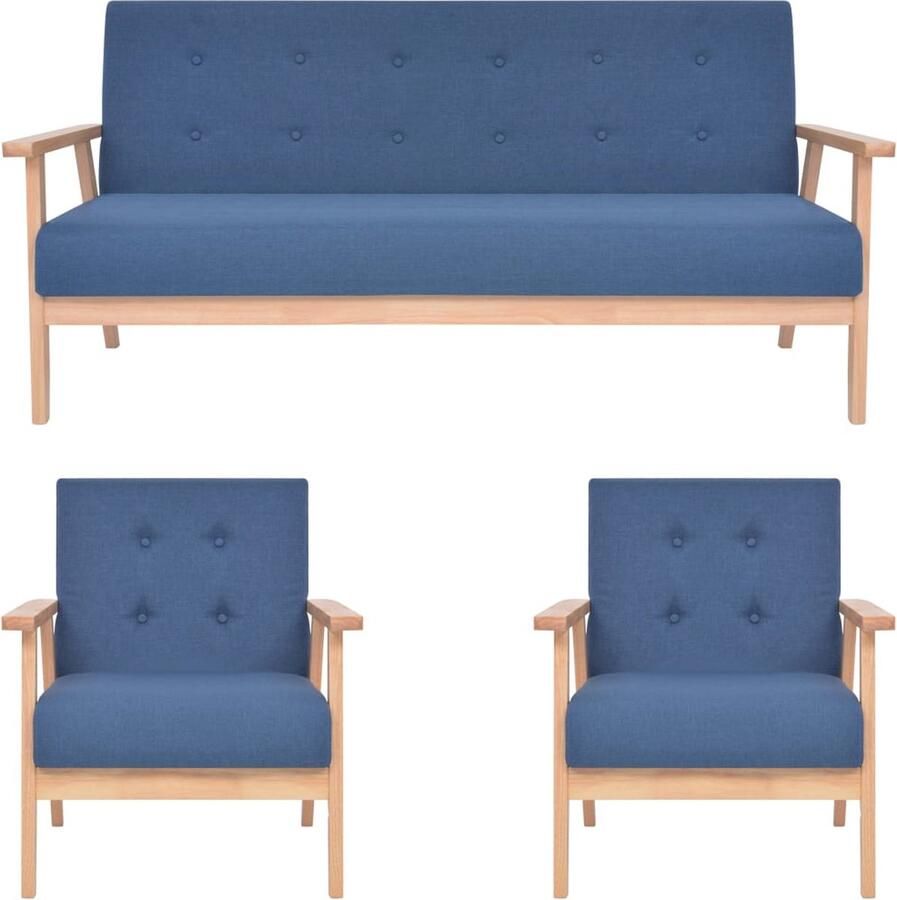 VidaXL Bankstel 3-delig Blauw Stof Houten Frame Bankstel Zitzitting Woonkamer Meubilair Moderne Bank Blauwe Bank Lederlook Bank - Foto 3