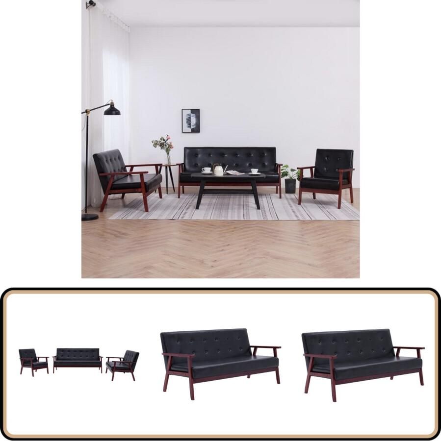 VidaXL Bankstel 3-delig Kunstleer Zwart Bankenset Salonmeubilair Lederlook Meubels Zwarte Bank Hoekbank - Foto 2