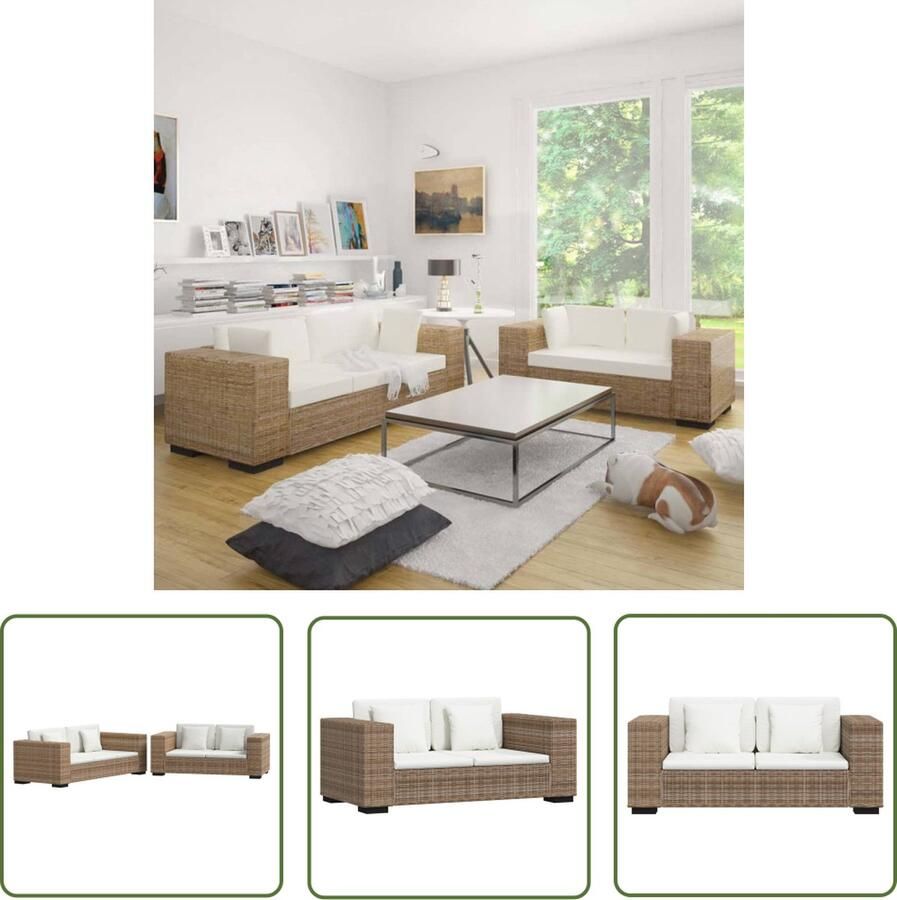 The Living Store Rattan Bankstelset 3-zits 2-zits bank Natuurlijk rattan Crèmewit linnen kussen Rattan Bankstel 3-zitter Bankstel 2-zitter Salon Meubilair Lounge Furniture - Foto 2