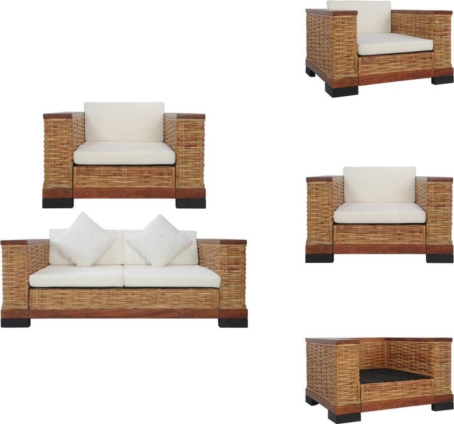 VidaXL Rattan Bankstelset Bruin Crèmewit Natuurlijk rattan Massief mangohout Afmetingen- 94 x 78 x 66 cm (fauteuil) 155 x 78 x 66 cm (2-zitsbank) Bank